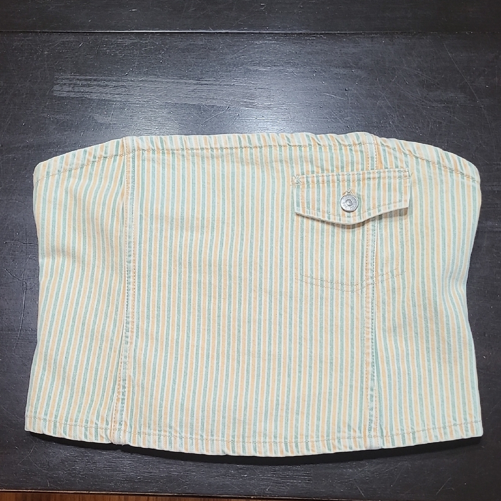 Zara NWT Yellow and Green Denim Striped Sleeveless Crop Top Size Large